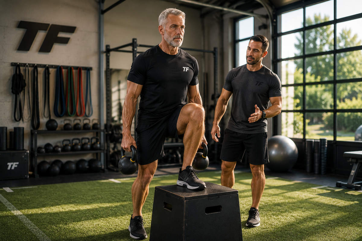 Fit man over 50 performing a kettlebell step-up while a trainer coaches him during a joint-friendly strength workout