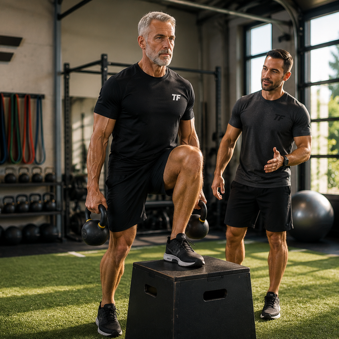 Fit man over 50 performing a kettlebell step-up while a trainer coaches him during a joint-friendly strength workout