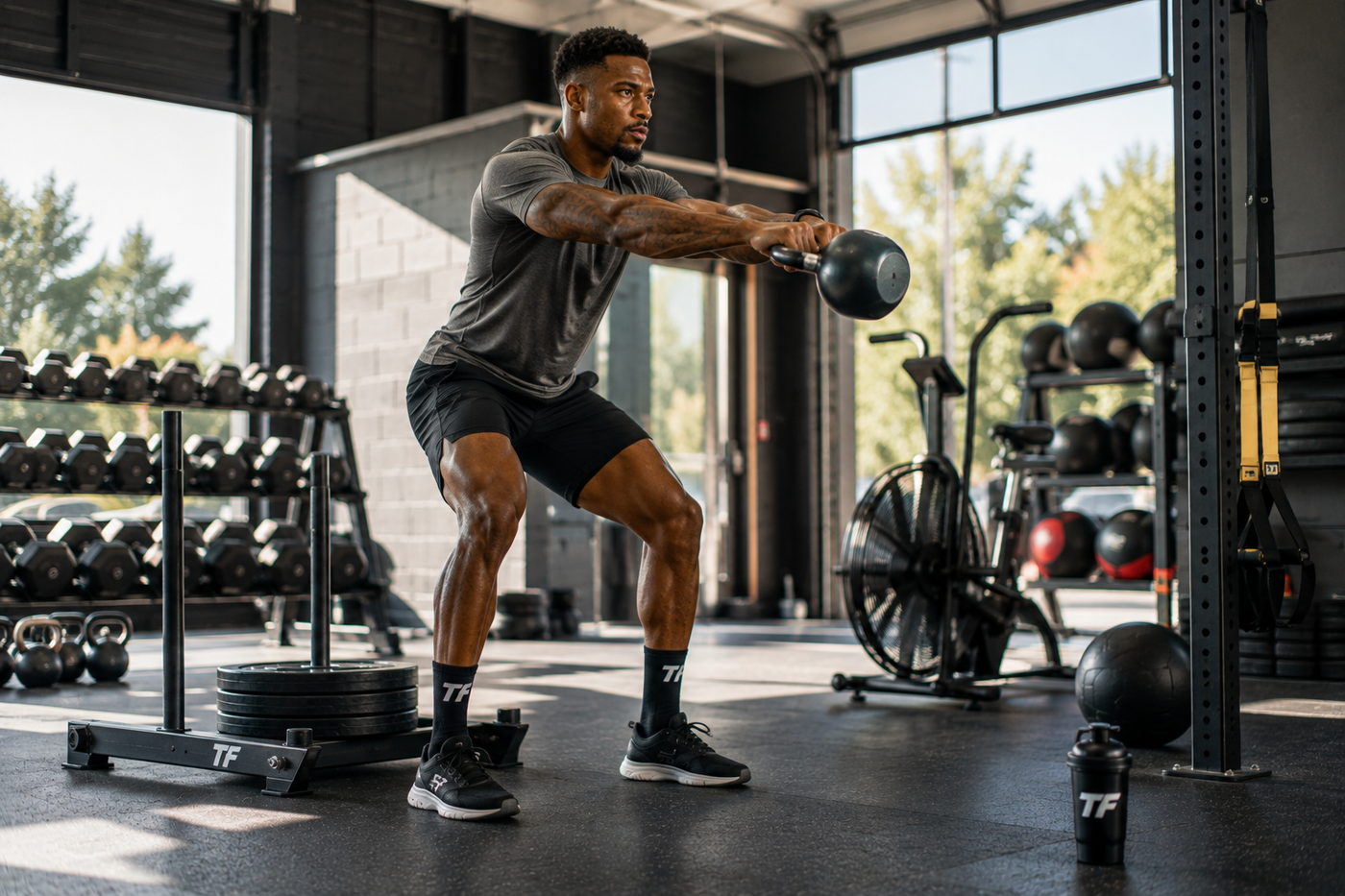 Athlete performing a kettlebell workout as part of a full-body strength and fat loss training program.
