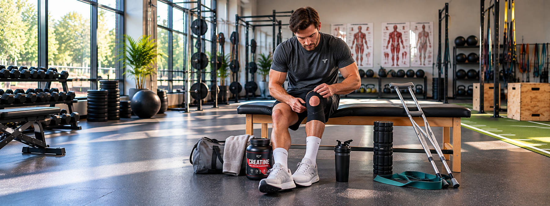 Athlete wearing a knee brace in a rehabilitation gym with creatine powder and recovery equipment, highlighting the potential role of creatine in injury recovery and muscle preservation.