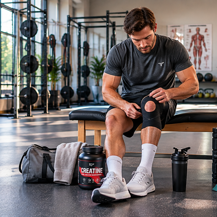Athlete wearing a knee brace in a rehabilitation gym with creatine powder and recovery equipment, highlighting the potential role of creatine in injury recovery and muscle preservation.