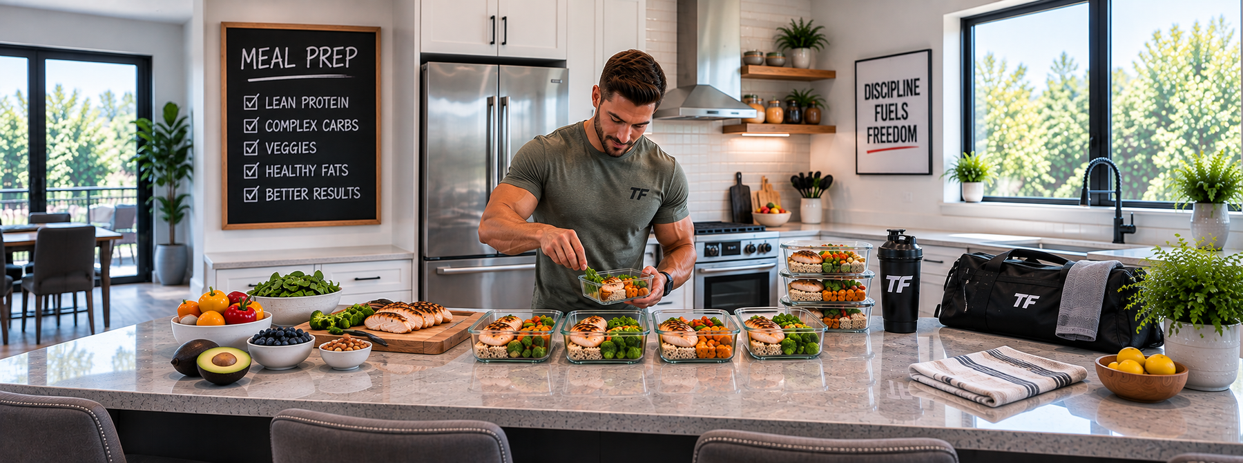 Man preparing high-protein meal prep containers with grilled chicken, vegetables, and healthy carbs in a bright modern kitchen for a fat loss diet.