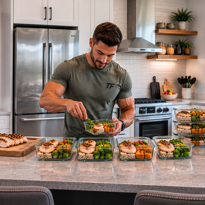 Man preparing high-protein meal prep containers with grilled chicken, vegetables, and healthy carbs in a bright modern kitchen for a fat loss diet.