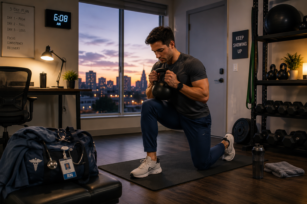 Shift worker completing a kettlebell workout at home in the early morning before or after a work shift.