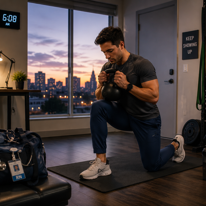 Shift worker completing a kettlebell workout at home in the early morning before or after a work shift.