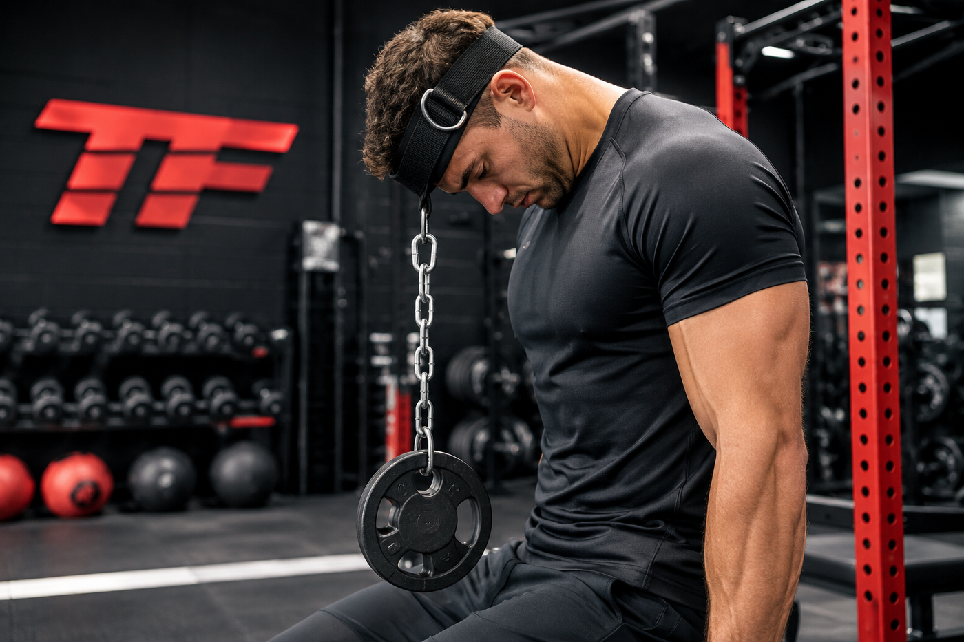 Athlete performing weighted neck training with a head harness and weight plate in a gym to build neck strength and stability.