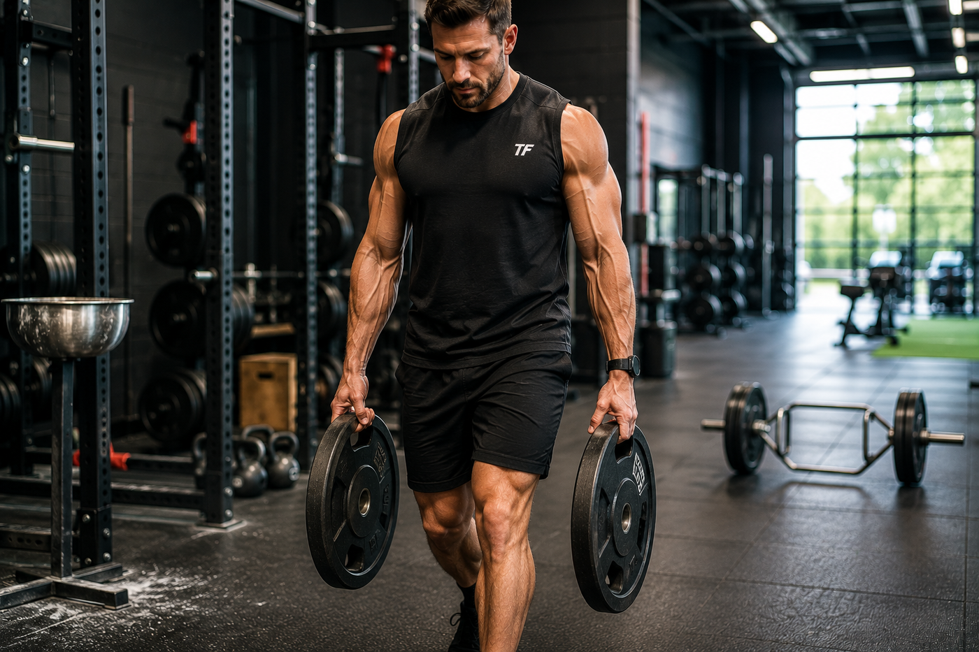 Muscular man performing a weight plate pinch carry to build forearm and grip strength in a gym