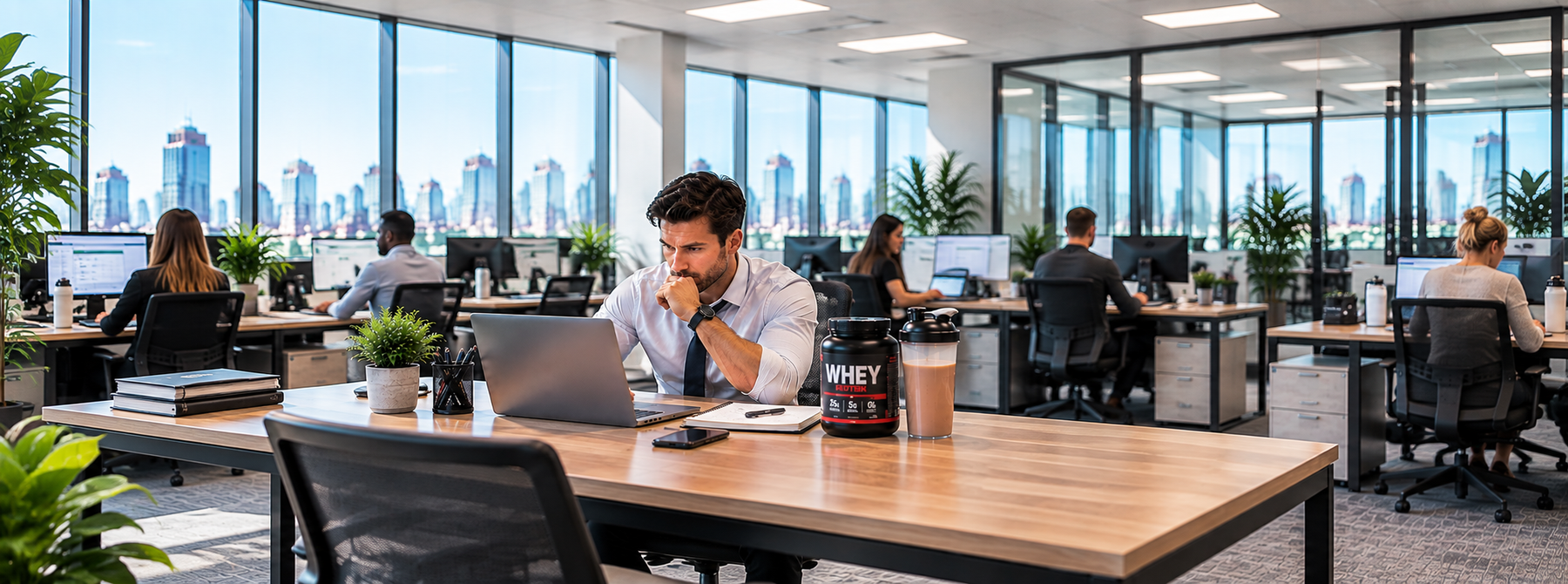 Office worker with whey protein and a shaker at his desk while coworkers work in a modern office.