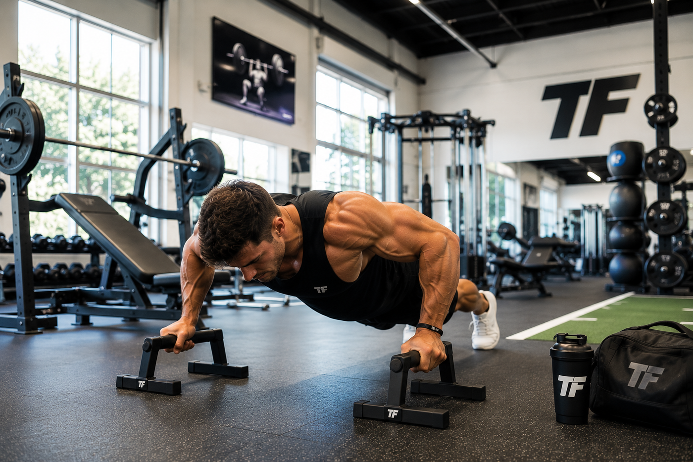 Muscular man performing push-ups on parallettes in a bright Tiger Fitness gym during a chest-focused strength workout