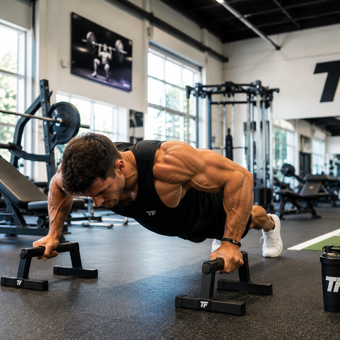 Muscular man performing push-ups on parallettes in a bright Tiger Fitness gym during a chest-focused strength workout