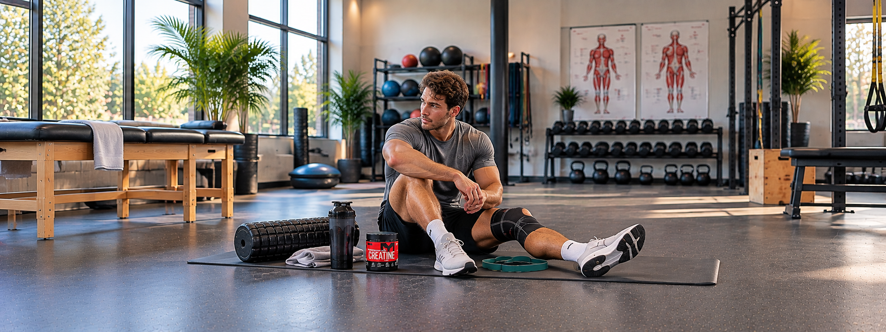 Athlete wearing a knee brace resting on a gym mat with recovery equipment during injury rehabilitation, highlighting signs of overtraining and the importance of recovery.