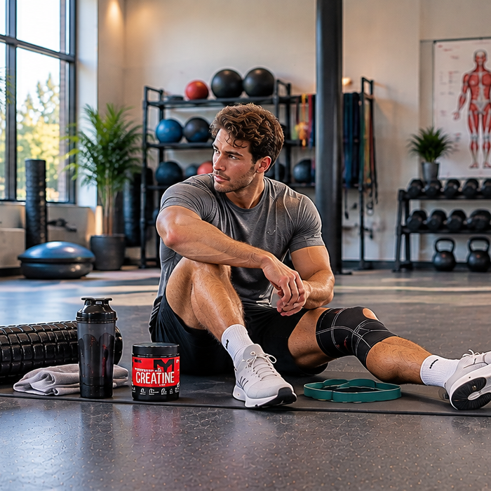 Athlete wearing a knee brace resting on a gym mat with recovery equipment during injury rehabilitation, highlighting signs of overtraining and the importance of recovery.