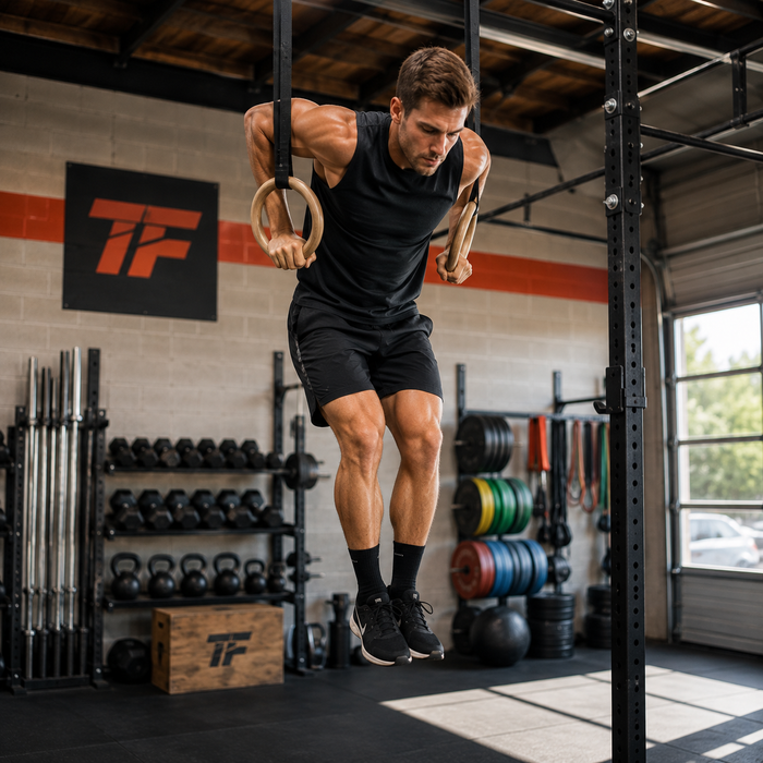 Athletic man performing a ring muscle-up in a gym as part of a muscle-up progression workout program.