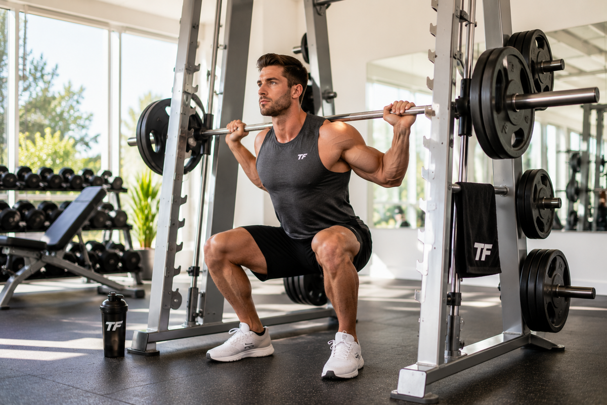 Muscular man performing a barbell squat on a Smith machine during a muscle-building workout in a gym.