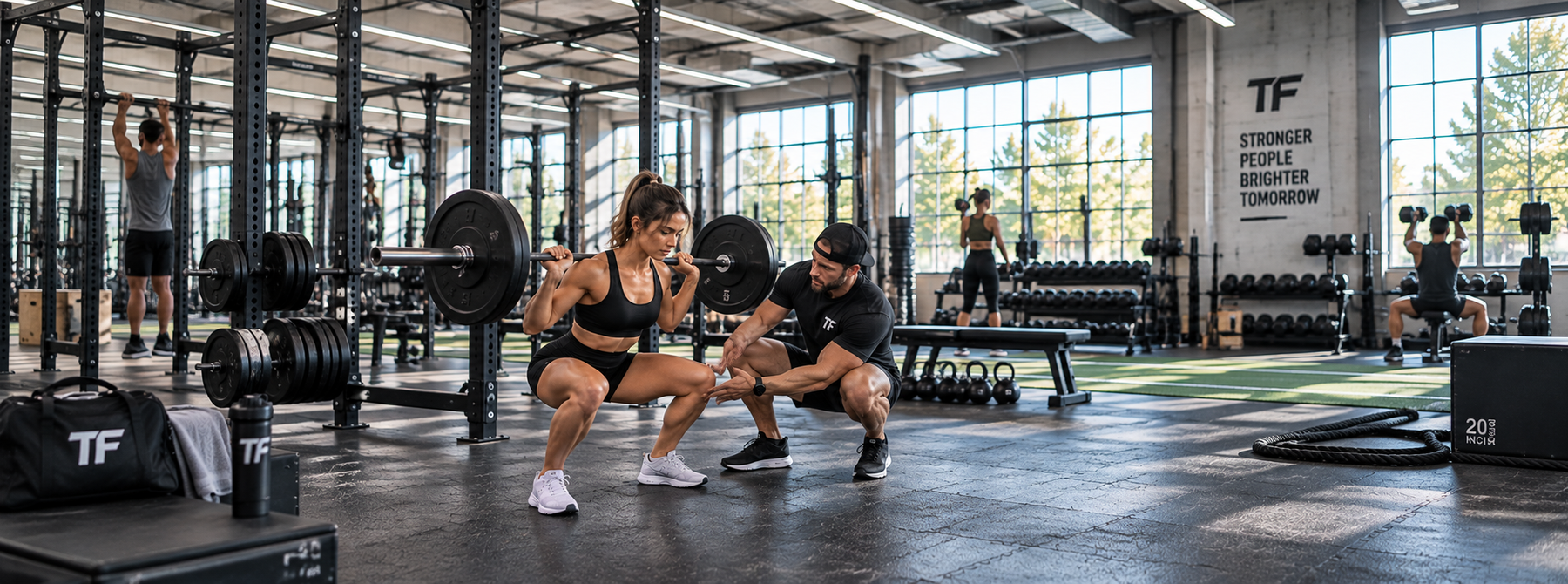 Trainer coaching an athlete through a barbell squat in a bright gym, demonstrating safe form and controlled workout intensity.