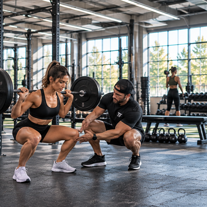 Trainer coaching an athlete through a barbell squat in a bright gym, demonstrating safe form and controlled workout intensity.