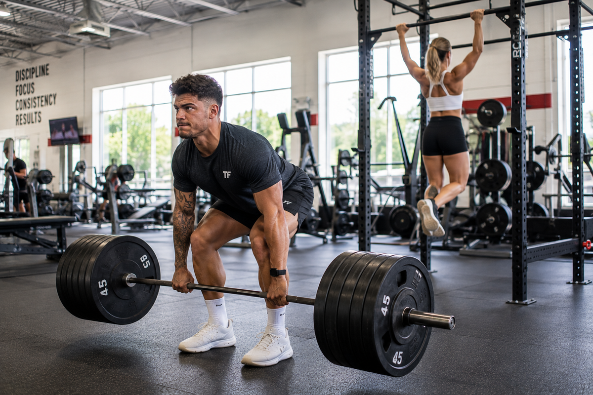 Male athlete performing a barbell deadlift while a female athlete does pull-ups during a full-body strength workout