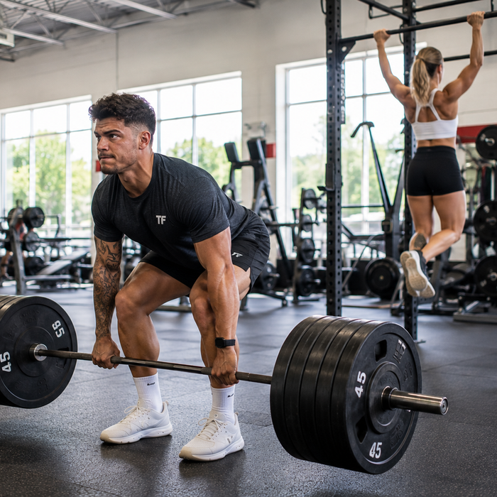 Male athlete performing a barbell deadlift while a female athlete does pull-ups during a full-body strength workout