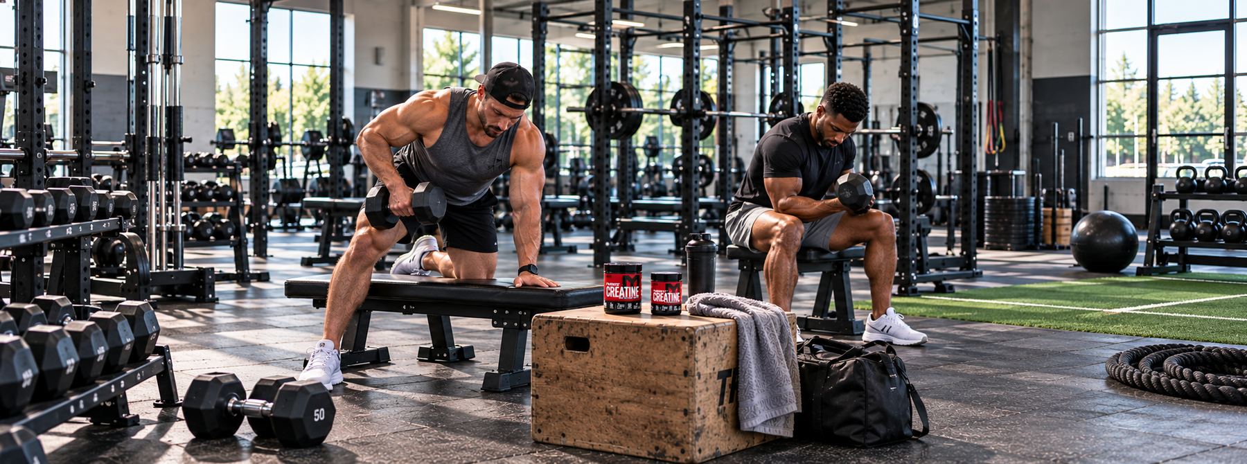 Two men strength training with dumbbells in a modern gym with creatine supplements nearby, representing the benefits of creatine for muscle growth.