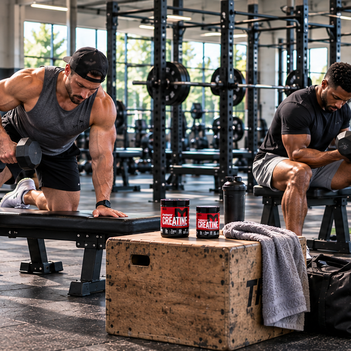 Two men strength training with dumbbells in a modern gym with creatine supplements nearby, representing the benefits of creatine for muscle growth.