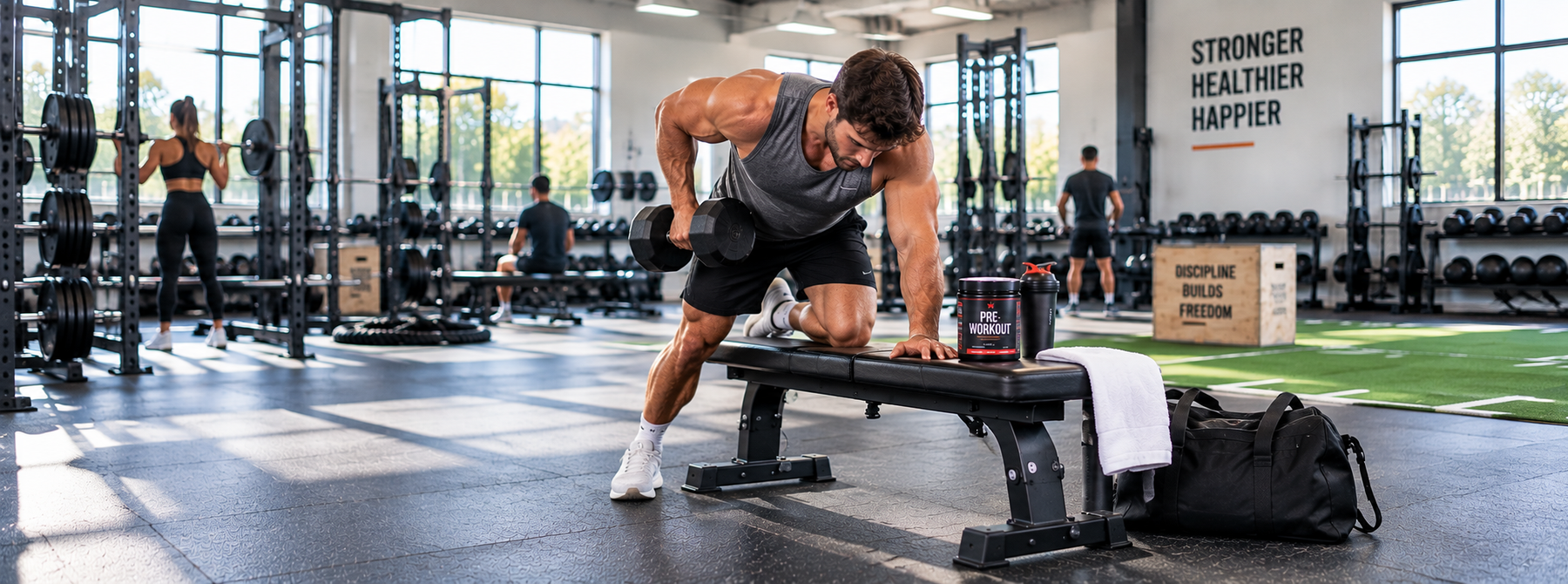 Athlete performing a dumbbell workout in a bright gym with a pre-workout tub and shaker bottle on the bench beside him.