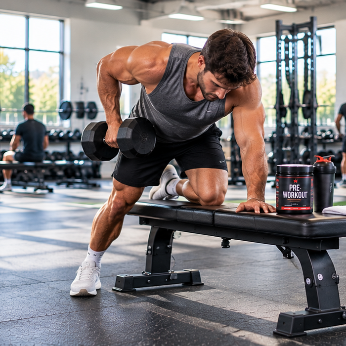 Athlete performing a dumbbell workout in a bright gym with a pre-workout tub and shaker bottle on the bench beside him.