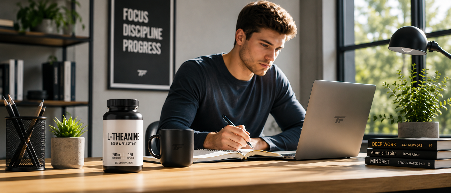 Man working at a desk with a generic L-Theanine supplement bottle, laptop, notebook, and coffee in a bright home office focused on productivity and concentration.