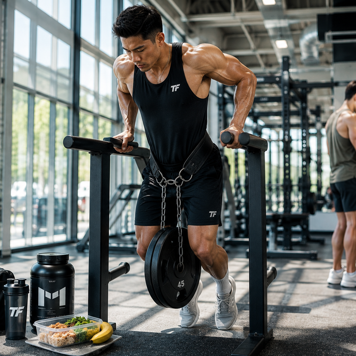 Lean muscular man performing weighted dips in a bright gym during a lean bulk strength workout