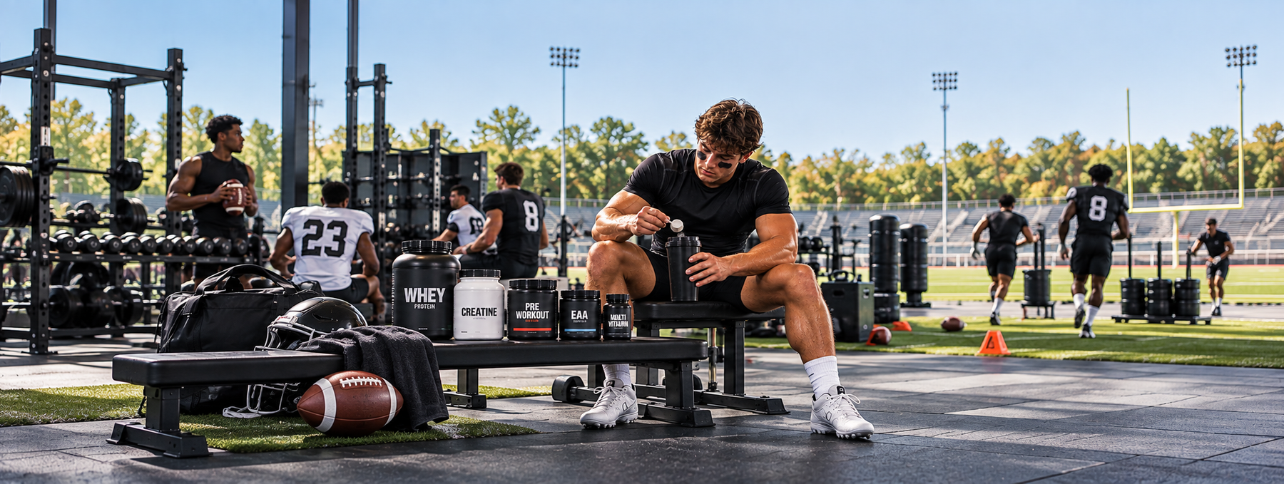 Football player mixing supplements beside whey protein, creatine, pre-workout, EAAs, and multivitamins during a football training session.
