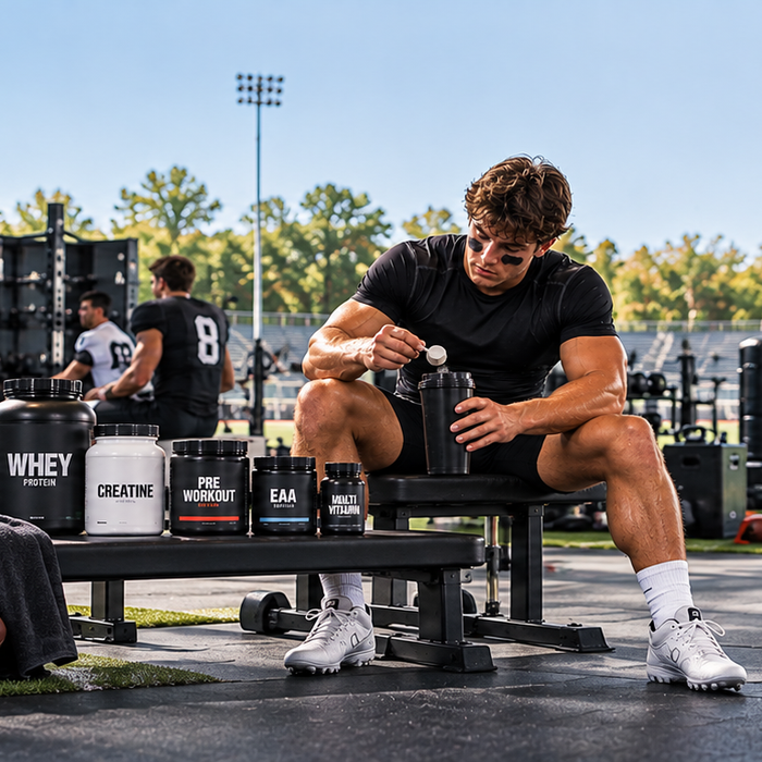 Football player mixing supplements beside whey protein, creatine, pre-workout, EAAs, and multivitamins during a football training session.