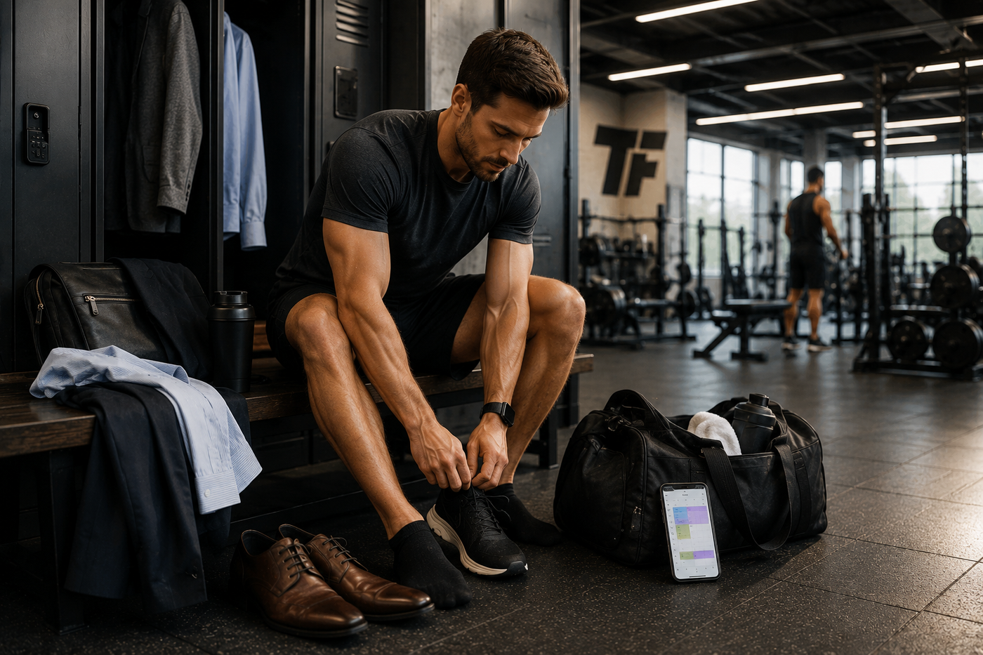 Busy professional changing from work clothes into gym shoes before a full-body workout, with his gym bag and work gear nearby.