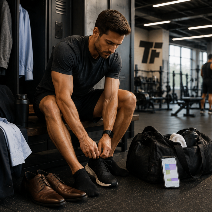 Busy professional changing from work clothes into gym shoes before a full-body workout, with his gym bag and work gear nearby.