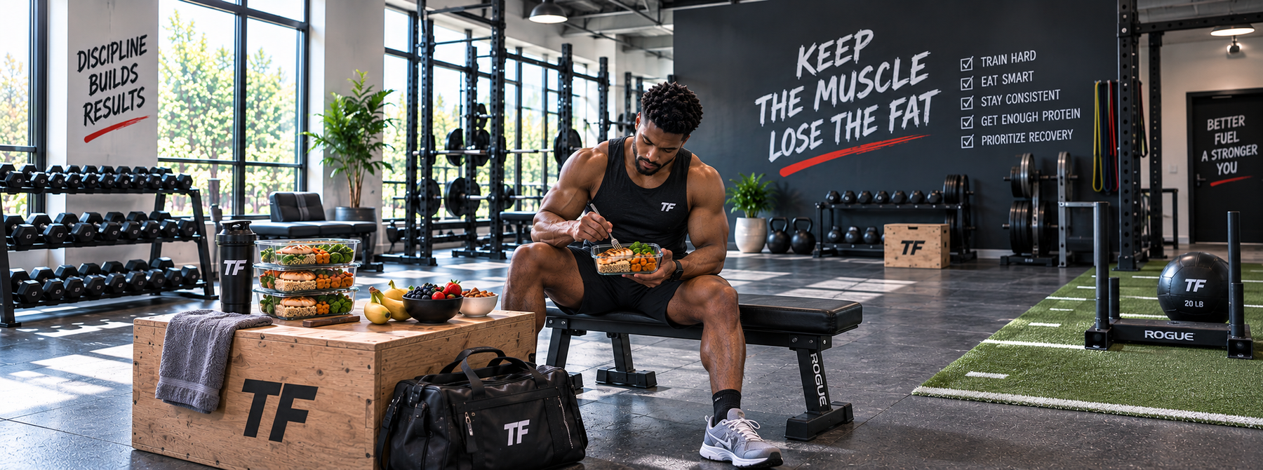 Muscular man eating a high-protein meal in a gym, representing balanced nutrition and strength training to maintain muscle while cutting body fat.