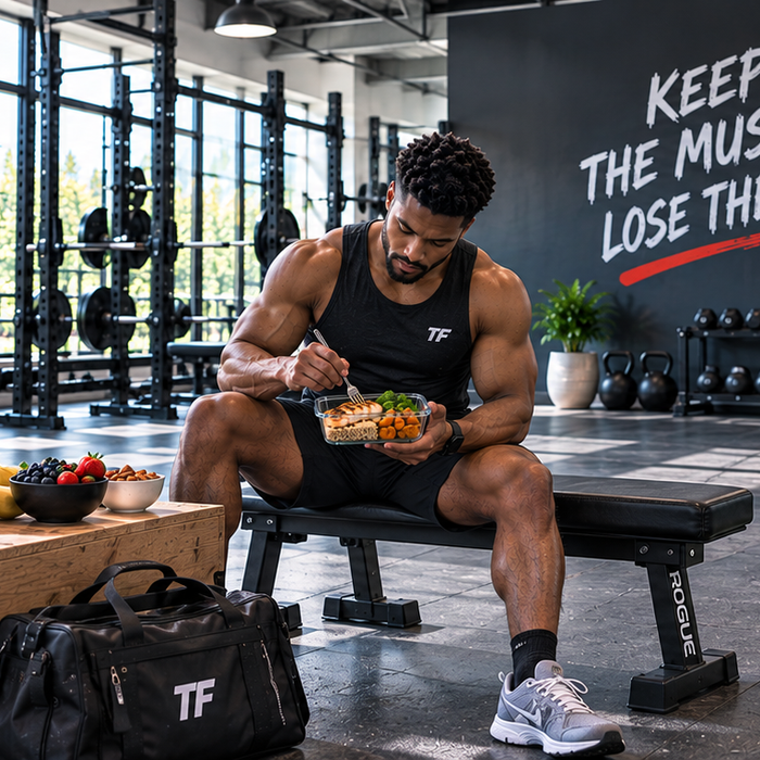 Muscular man eating a high-protein meal in a gym, representing balanced nutrition and strength training to maintain muscle while cutting body fat.