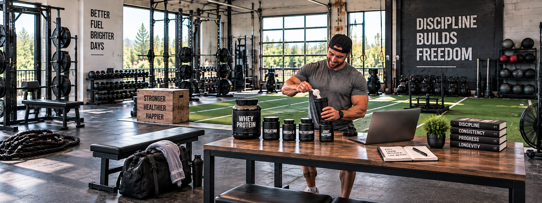 Male athlete preparing a supplement shake with protein, creatine, omega-3, multivitamins, and joint support in a bright, spacious gym.
