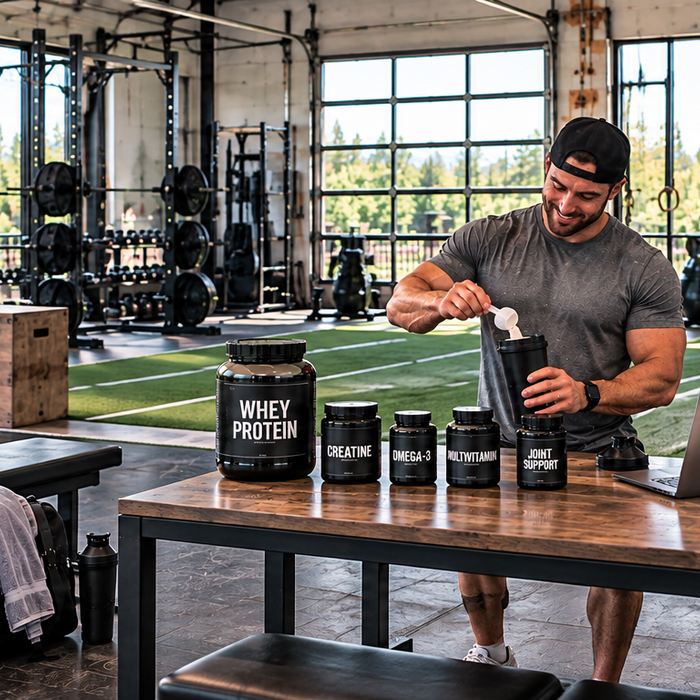 Male athlete preparing a supplement shake with protein, creatine, omega-3, multivitamins, and joint support in a bright, spacious gym.