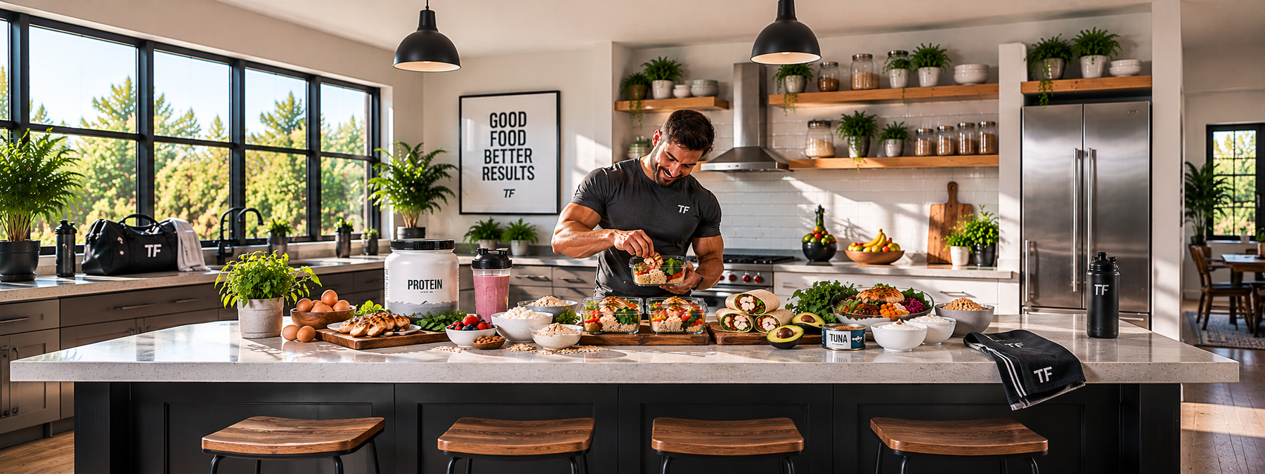 Man preparing high-protein meals in a modern kitchen with chicken, eggs, protein powder, yogurt, tuna, and healthy snacks, illustrating easy ways to increase daily protein intake.
