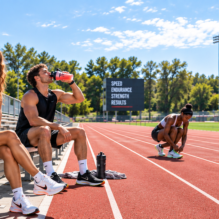 Endurance athletes preparing BCAAs and hydrating beside an outdoor running track with Machine Fuel during a training session.