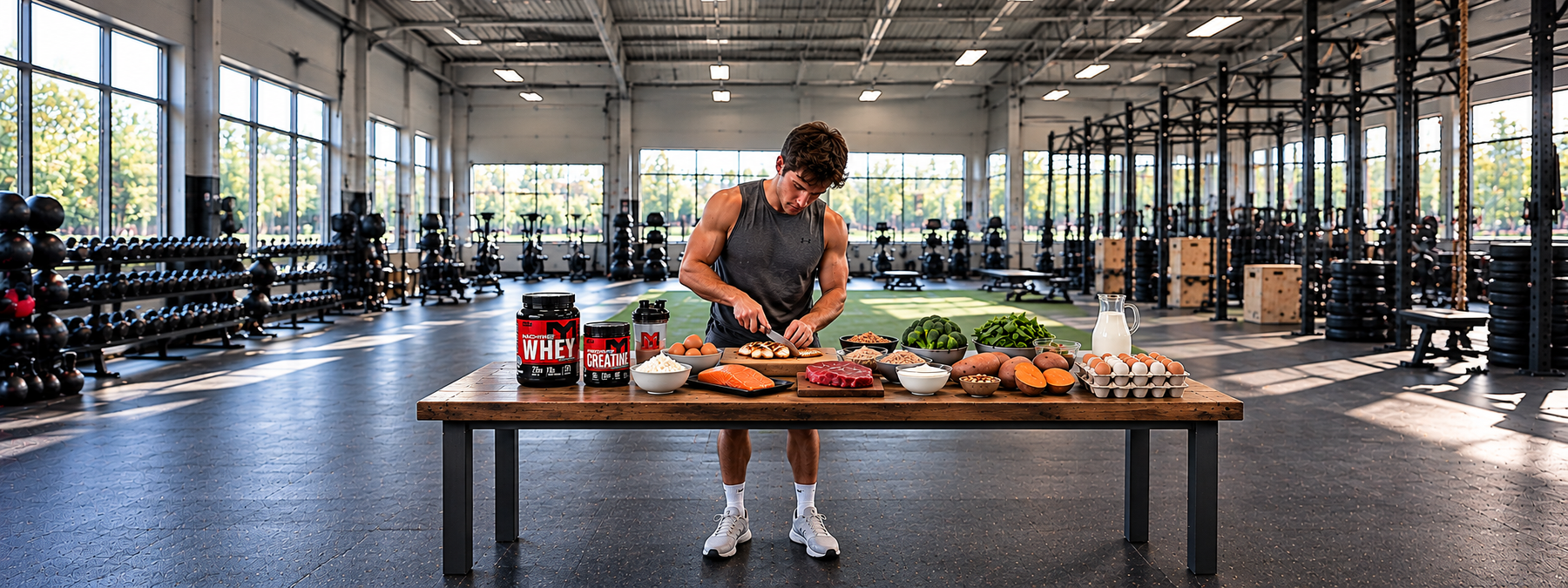 Athletic man preparing a high-protein meal in a gym surrounded by whey protein, creatine, chicken, salmon, eggs, and nutrient-rich foods to support muscle growth and recovery.