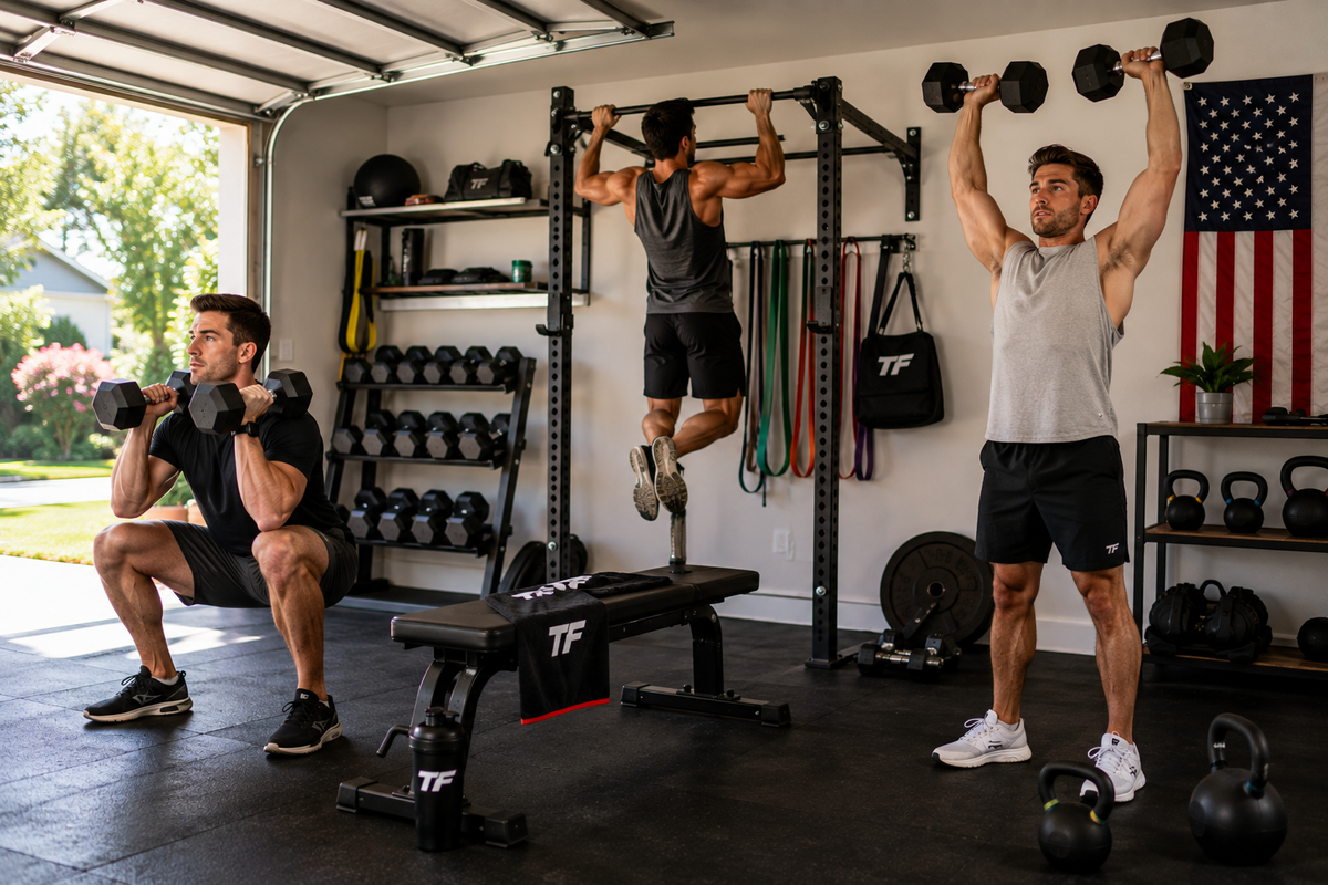 Men performing dumbbell squats, pull-ups, and overhead presses during a push pull legs workout in a home gym.