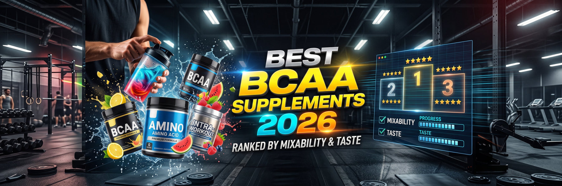 Best BCAA Supplements 2026 Ranked by Mixability & Taste," showing supplement tubs, fresh fruit splashes, and a top-3 ranking podium inside a gym setting.