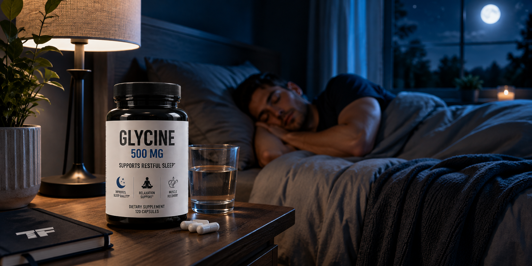 Glycine supplement with a glass of water on a bedside table while a man sleeps peacefully in the background.