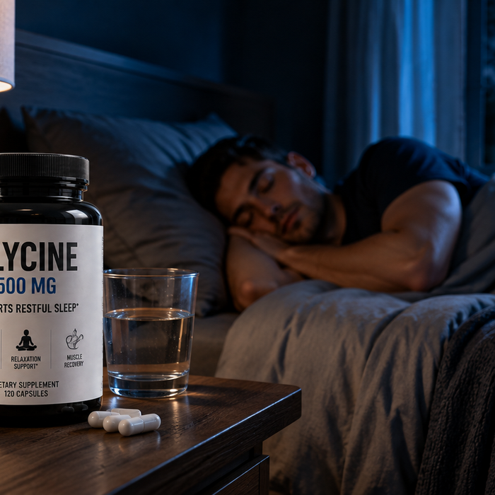 Glycine supplement with a glass of water on a bedside table while a man sleeps peacefully in the background.