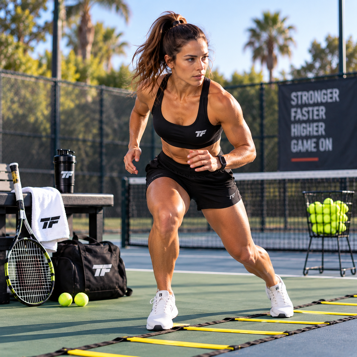 Female athlete performing an agility ladder drill on an outdoor tennis court with a tennis racket, balls, and Tiger Fitness training gear.