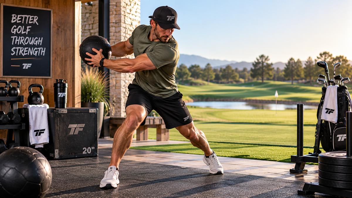 Athlete performing a rotational medicine ball exercise in an outdoor strength training area overlooking a golf course with Tiger Fitness branding.