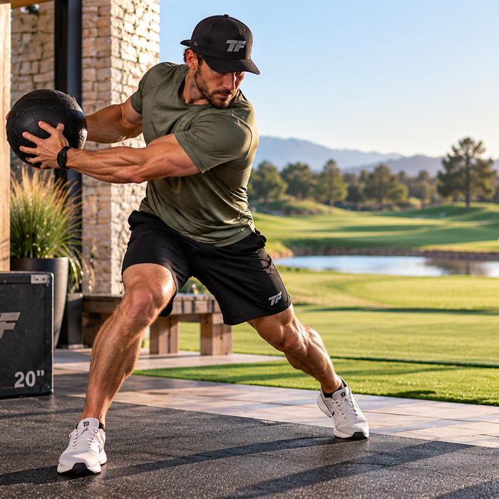 Athlete performing a rotational medicine ball exercise in an outdoor strength training area overlooking a golf course with Tiger Fitness branding.