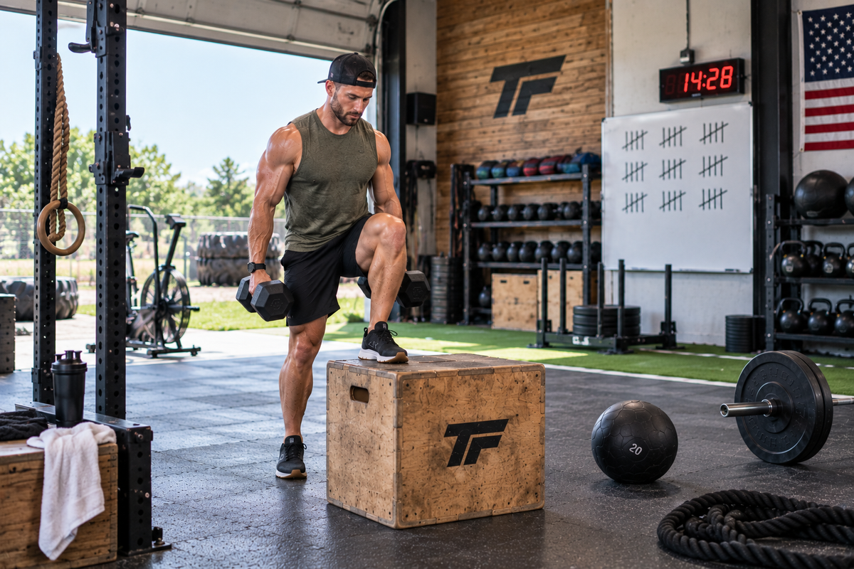 Man performing a timed dumbbell AMRAP workout with a plyometric box in the gym