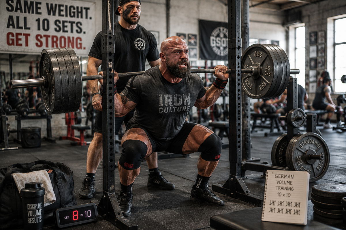 Bodybuilder performing a heavy barbell squat with a spotter during a German Volume Training 10x10 workout.