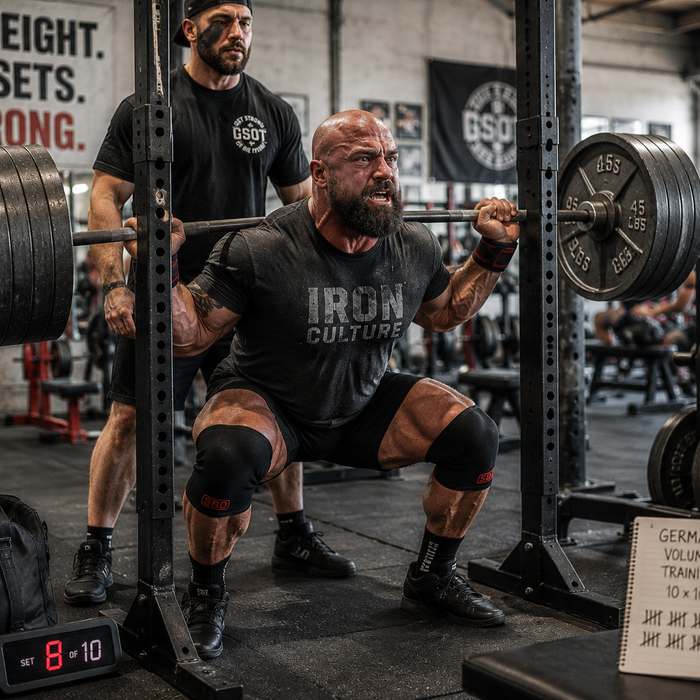 Bodybuilder performing a heavy barbell squat with a spotter during a German Volume Training 10x10 workout.