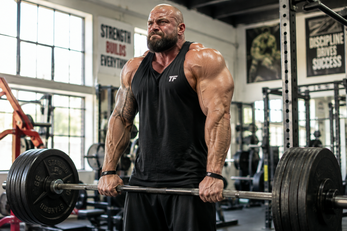 Male bodybuilder performing heavy barbell shrugs during a trap workout for size and strength